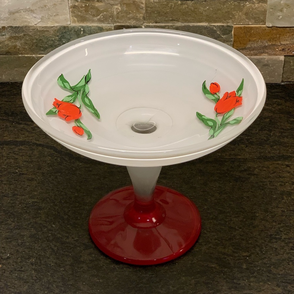 INDIANA GLASS | Art Deco | Red and White Pedestal Compote Dish